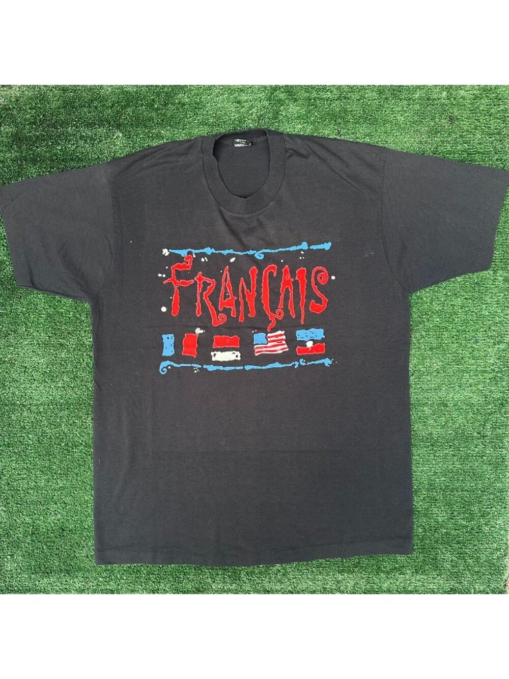 Vintage 90s French France Flags T-Shirt Black XL Single Stitch 50/50 European